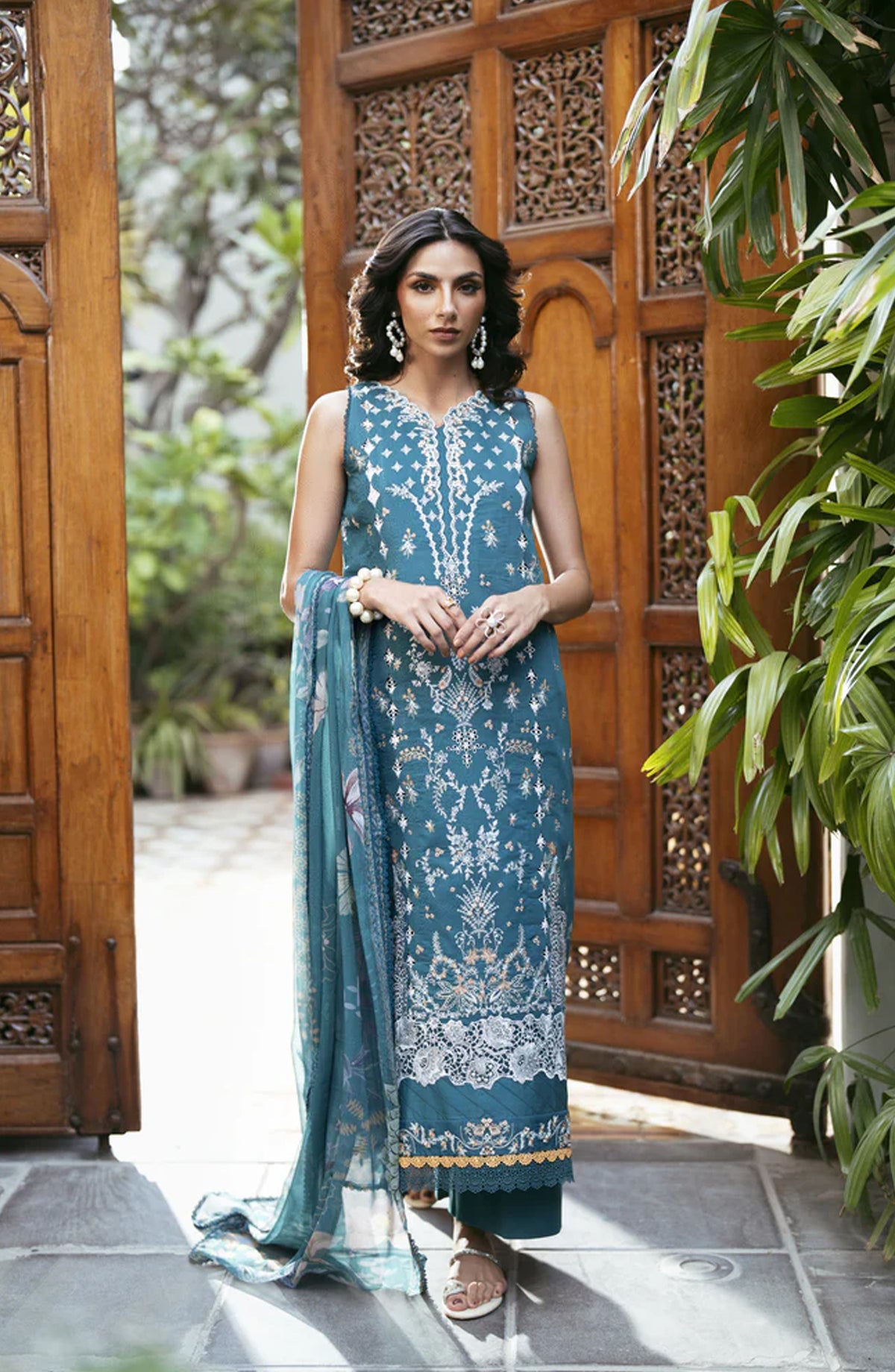 Florent Luxury Embroidered Lawn Unstitched 3 Piece Suit - FEL-4A - FL26DT - Teal - Eid Collection