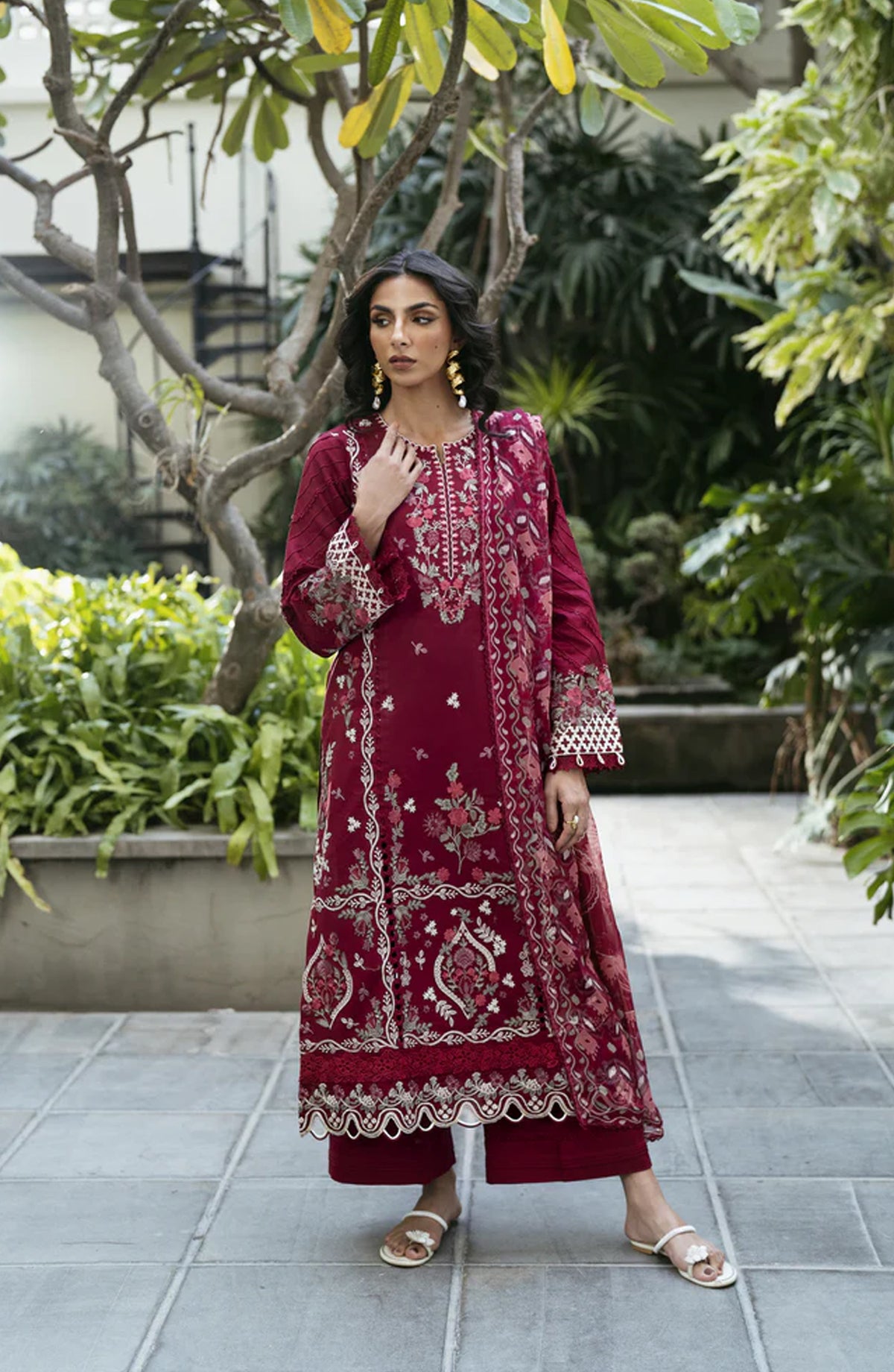 Florent Luxury Embroidered Lawn Unstitched 3 Piece Suit - FEL-3B - FL26DT - Red - Eid Collection