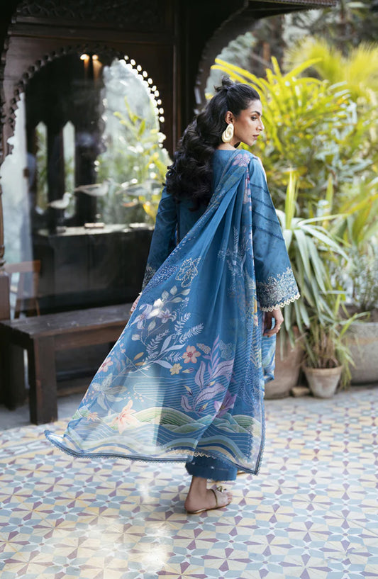 Florent Luxury Embroidered Lawn Unstitched 3 Piece Suit - FEL-2A - FL26DT - Blue - Eid Collection