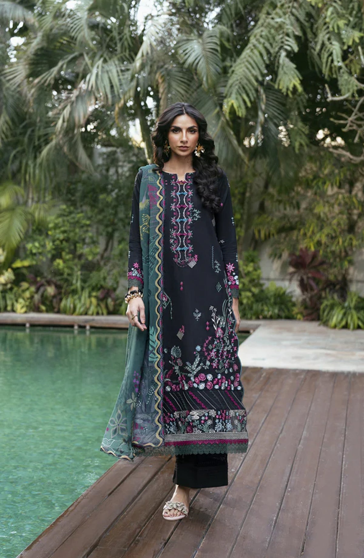 Florent Luxury Embroidered Lawn Unstitched 3 Piece Suit - FEL-1B - FL26DT - Black - Eid Collection