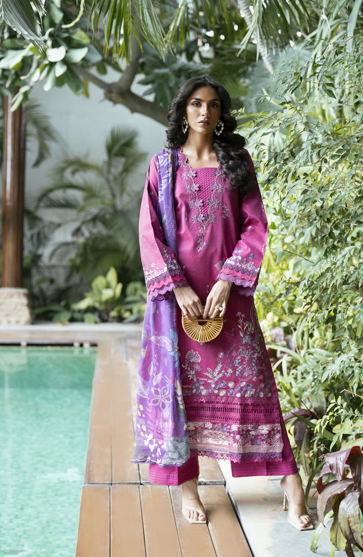 Florent Luxury Embroidered Lawn Unstitched 3 Piece Suit - FEL-1A - FL26DT - Pink - Eid Collection