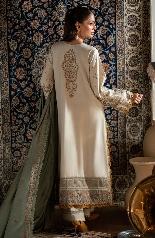 Florent Shades of Winter Embroidered Marina Twill Unstitched 3 Piece Suit - FL-1A - FL25SHW - Off White - Luxury Collection