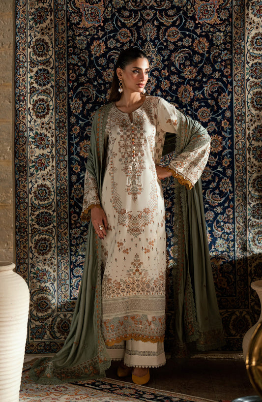 Florent Shades of Winter Embroidered Marina Twill Unstitched 3 Piece Suit - FL-1A - FL25SHW - Off White - Luxury Collection