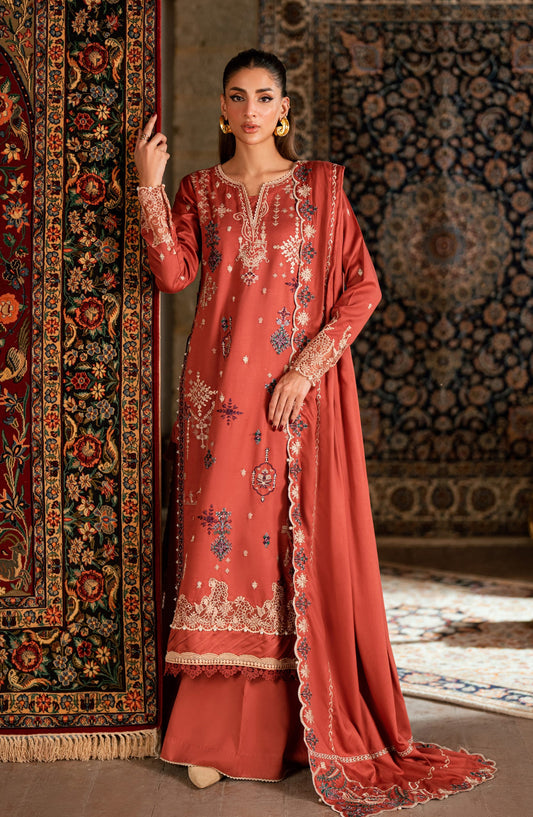 Florent Shades of Winter Embroidered Marina Twill Unstitched 3 Piece Suit - FL-2A - FL25SHW - Rust - Luxury Collection