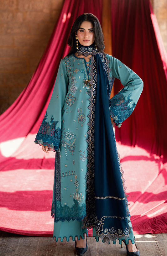 Florent Shades of Winter Embroidered Marina Twill Unstitched 3 Piece Suit - FL-2B - FL25SHW - Blue - Luxury Collection