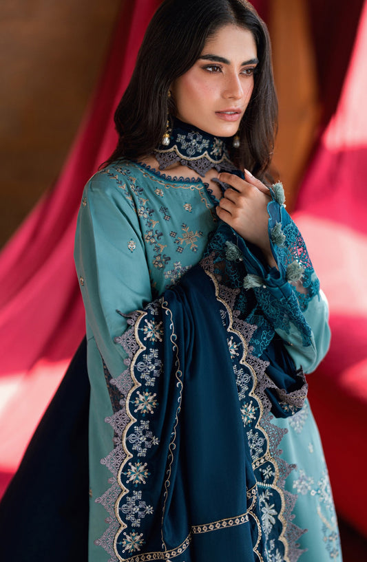 Florent Shades of Winter Embroidered Marina Twill Unstitched 3 Piece Suit - FL-2B - FL25SHW - Blue - Luxury Collection