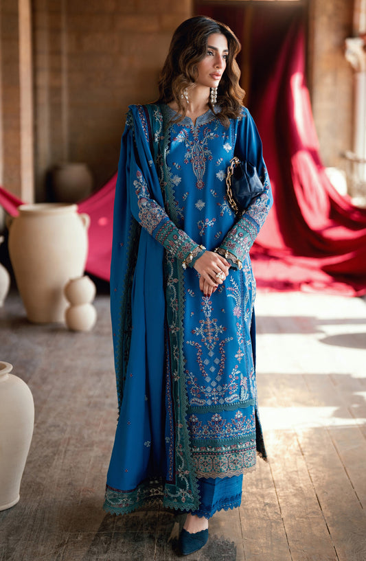 Florent Shades of Winter Embroidered Marina Twill Unstitched 3 Piece Suit - FL-3B - FL25SHW - Blue - Luxury Collection