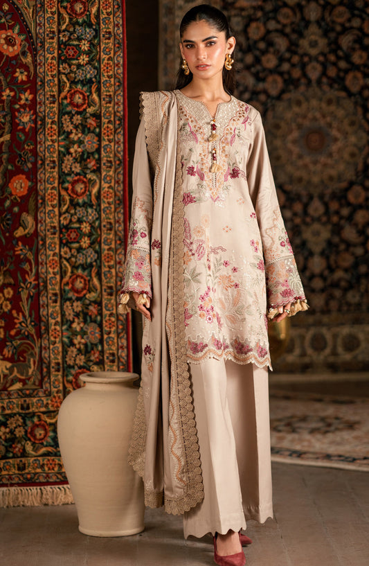 Florent Shades of Winter Embroidered Marina Twill Unstitched 3 Piece Suit - FL-4A - FL25SHW - Beige - Luxury Collection