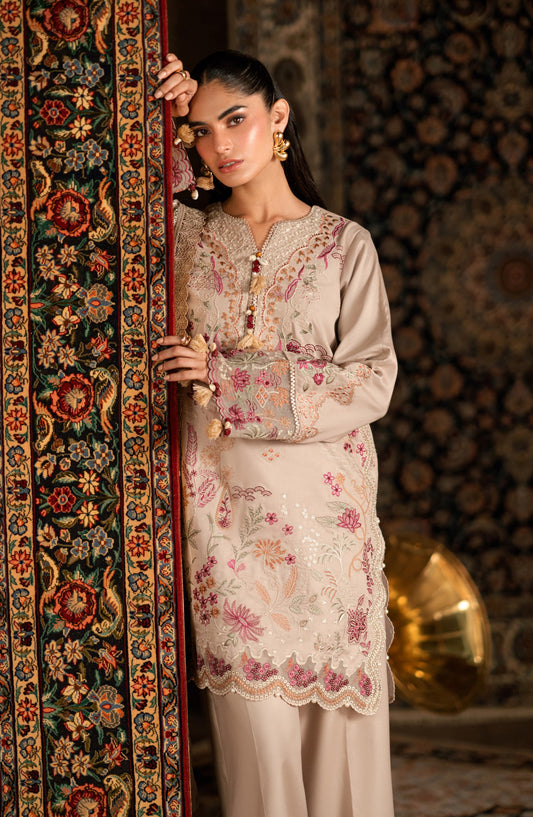 Florent Shades of Winter Embroidered Marina Twill Unstitched 3 Piece Suit - FL-4A - FL25SHW - Beige - Luxury Collection