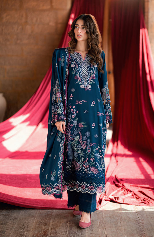 Florent Shades of Winter Embroidered Marina Twill Unstitched 3 Piece Suit - FL-4B - FL25SHW - Blue - Luxury Collection