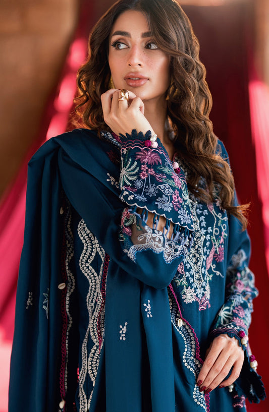 Florent Shades of Winter Embroidered Marina Twill Unstitched 3 Piece Suit - FL-4B - FL25SHW - Blue - Luxury Collection
