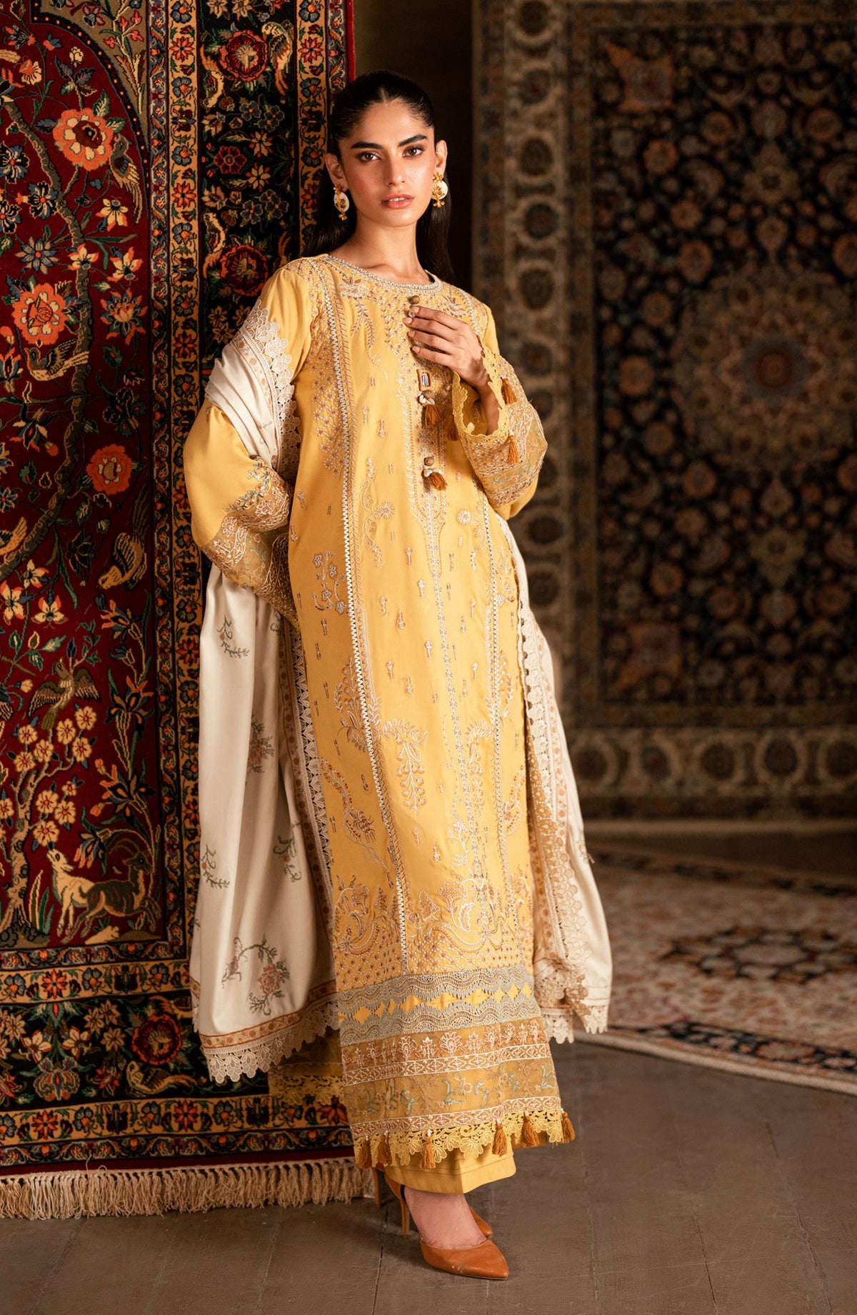 Florent Shades of Winter Embroidered Marina Twill Unstitched 3 Piece Suit - FL-5B - FL25SHW - Yellow - Luxury Collection