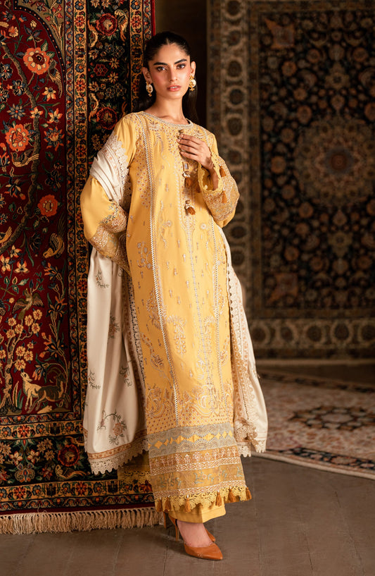 Florent Shades of Winter Embroidered Marina Twill Unstitched 3 Piece Suit - FL-5B - FL25SHW - Yellow - Luxury Collection