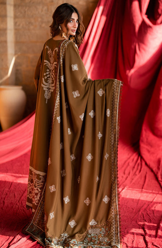 Florent Shades of Winter Embroidered Marina Twill Unstitched 3 Piece Suit - FL-6A - FL25SHW - Brown - Luxury Collection