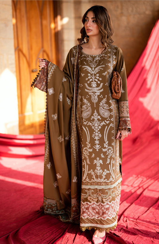 Florent Shades of Winter Embroidered Marina Twill Unstitched 3 Piece Suit - FL-6A - FL25SHW - Brown - Luxury Collection