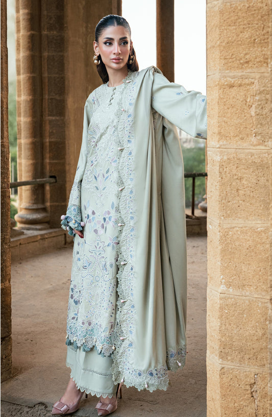 Florent Shades of Winter Embroidered Marina Twill Unstitched 3 Piece Suit - FL-8A - FL25SHW - Pista Green - Luxury Collection