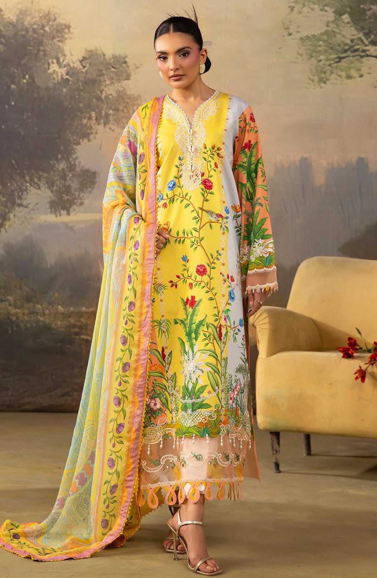 Florum by Joy Luxury Embroidered Lawn Unstitched 3 Piece Suit - D-04 - JY26FL - Yellow - Summer Collection