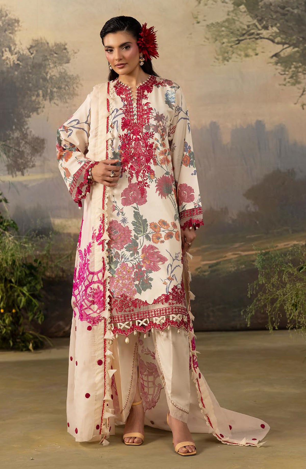 Florum by Joy Luxury Embroidered Lawn Unstitched 3 Piece Suit - D-03 - JY26FL - Fawn - Summer Collection