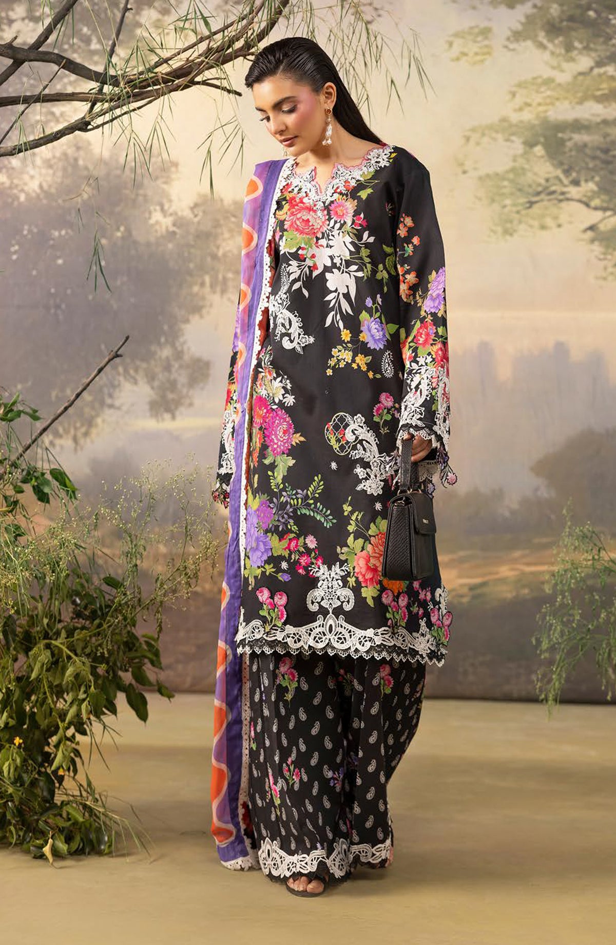 Florum by Joy Luxury Embroidered Lawn Unstitched 3 Piece Suit - D-02 - JY26FL - Black - Summer Collection