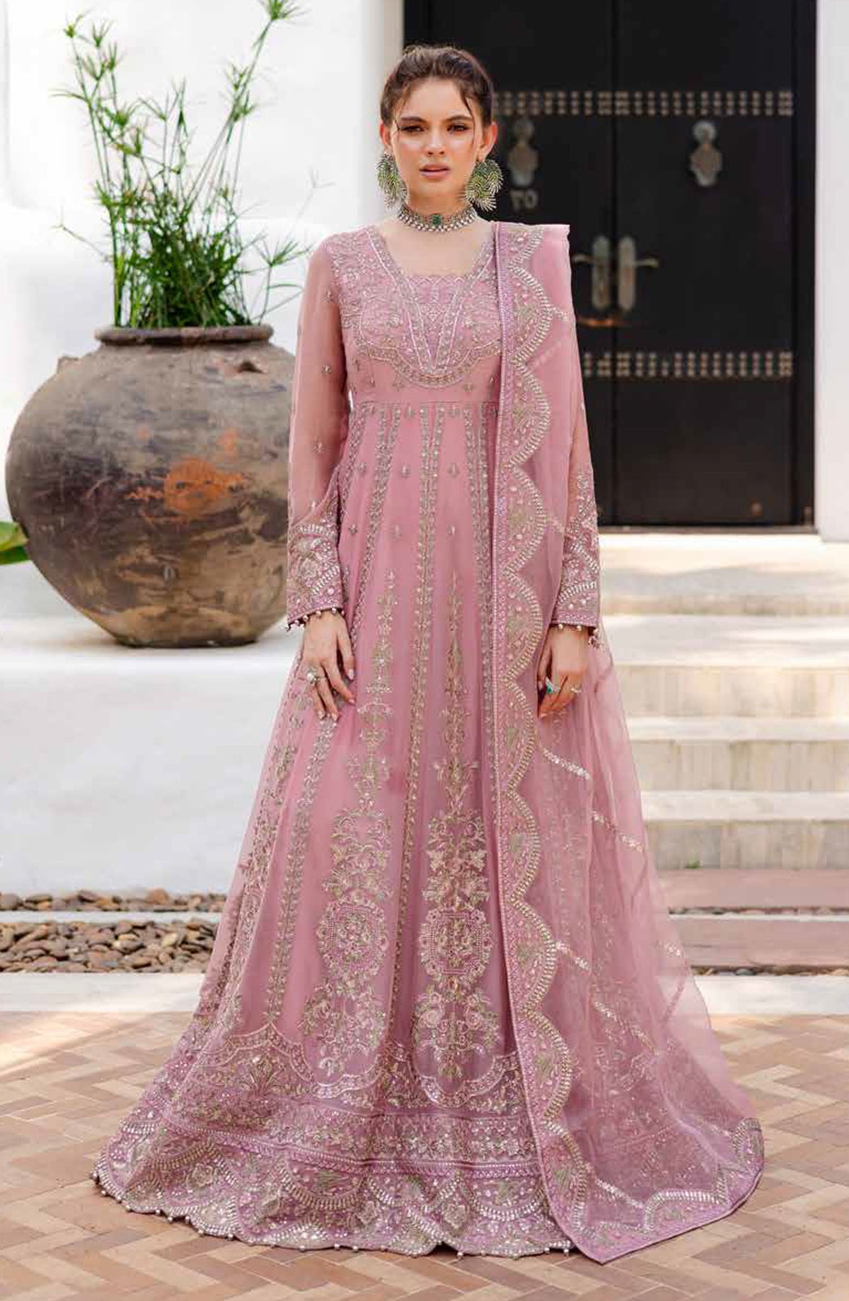 Freesia Noir Embroidered Chiffon Unstitched 3 Piece Suit - FS-50094 Kirana - MNM25FNO - Pink - Festive Collection