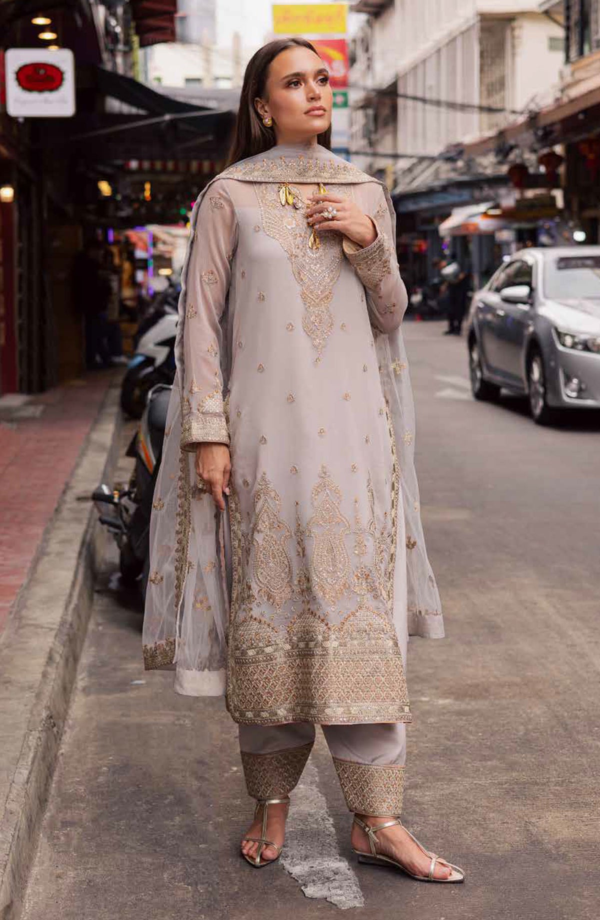 Freesia Talia Luxury Embroidered Chiffon Unstitched 3 Piece Suit - MNM25FRL - FW50069 - Grey - Festive Collection