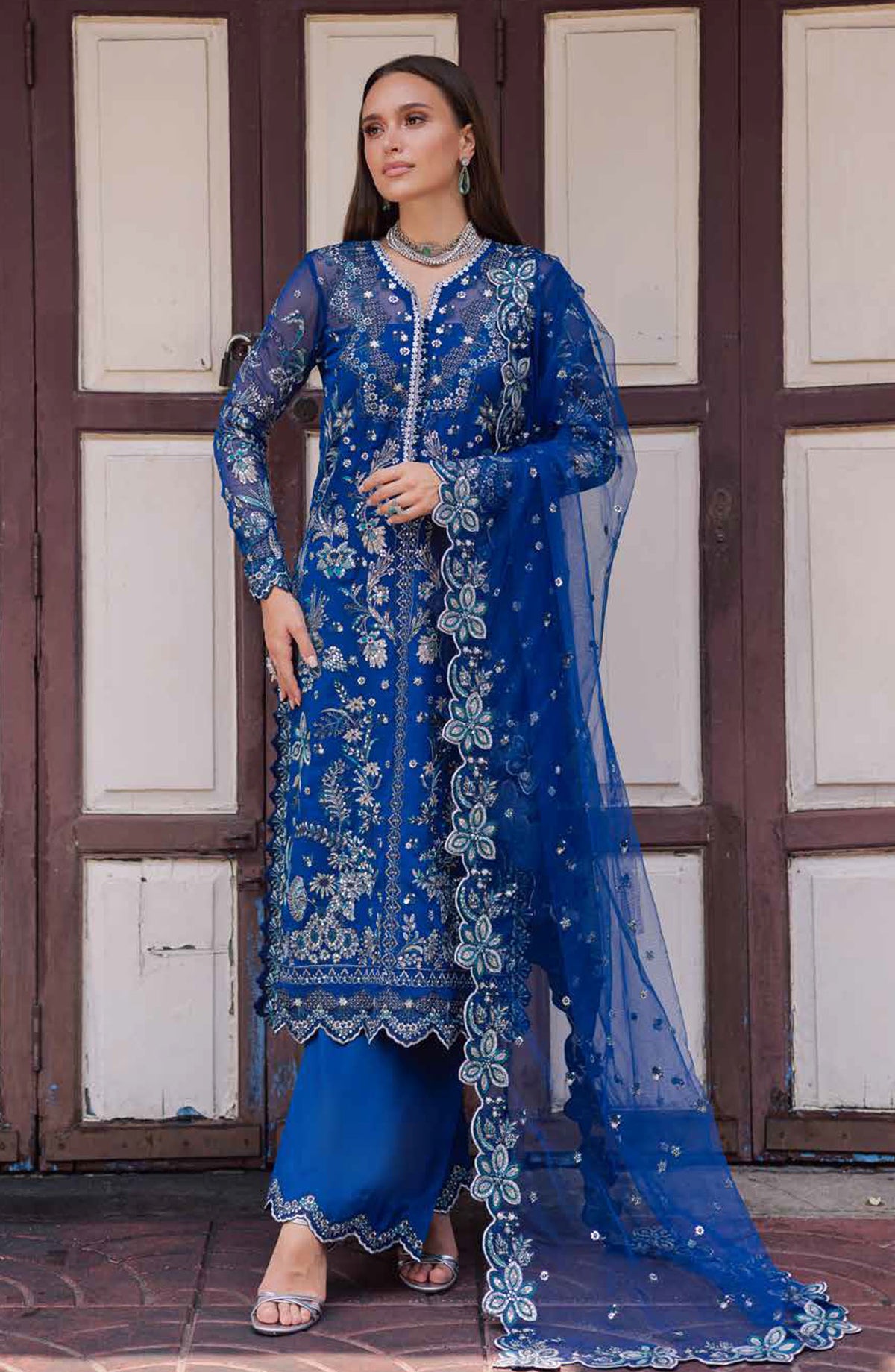 Freesia Talia Luxury Embroidered Chiffon Unstitched 3 Piece Suit - MNM25FRL - FW50067 - Blue - Festive Collection
