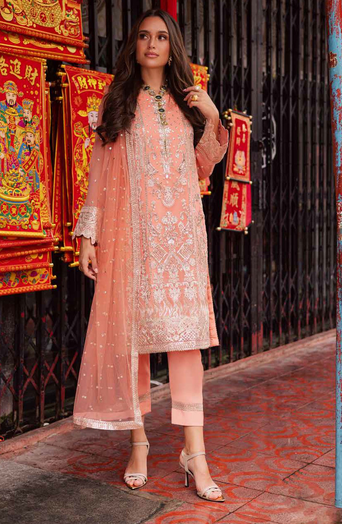 Freesia Talia Luxury Embroidered Chiffon Unstitched 3 Piece Suit - MNM25FRL - FW50065 - Pink - Festive Collection