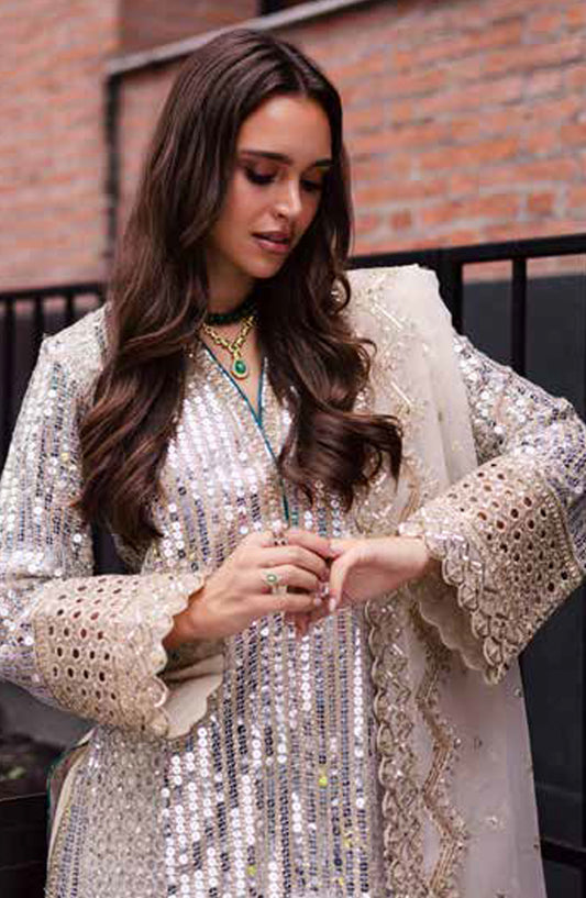 Freesia Talia Luxury Embroidered Chiffon Unstitched 3 Piece Suit - MNM25FRL - FW50064 - Grey - Festive Collection