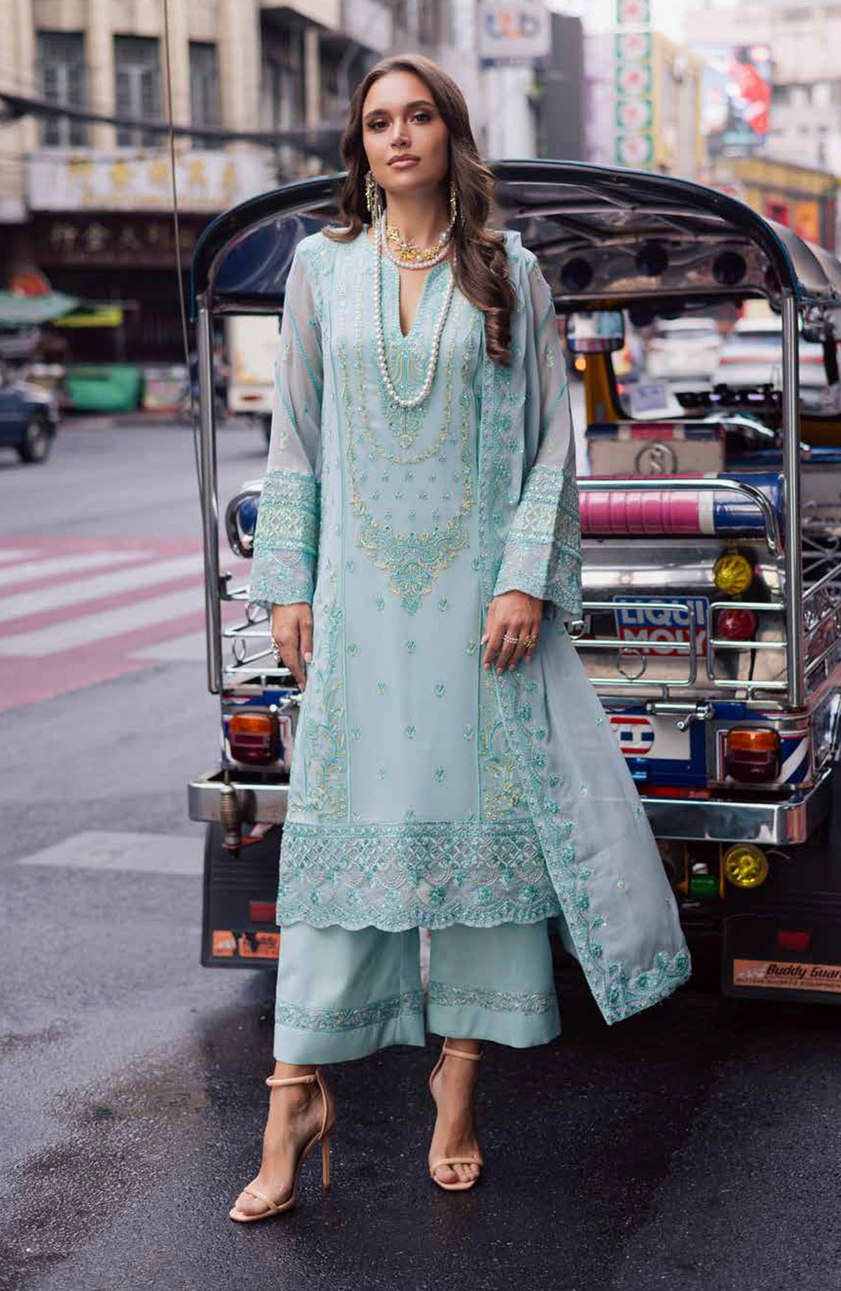 Freesia Talia Luxury Embroidered Chiffon Unstitched 3 Piece Suit - MNM25FRL - FW50063 - Blue - Festive Collection