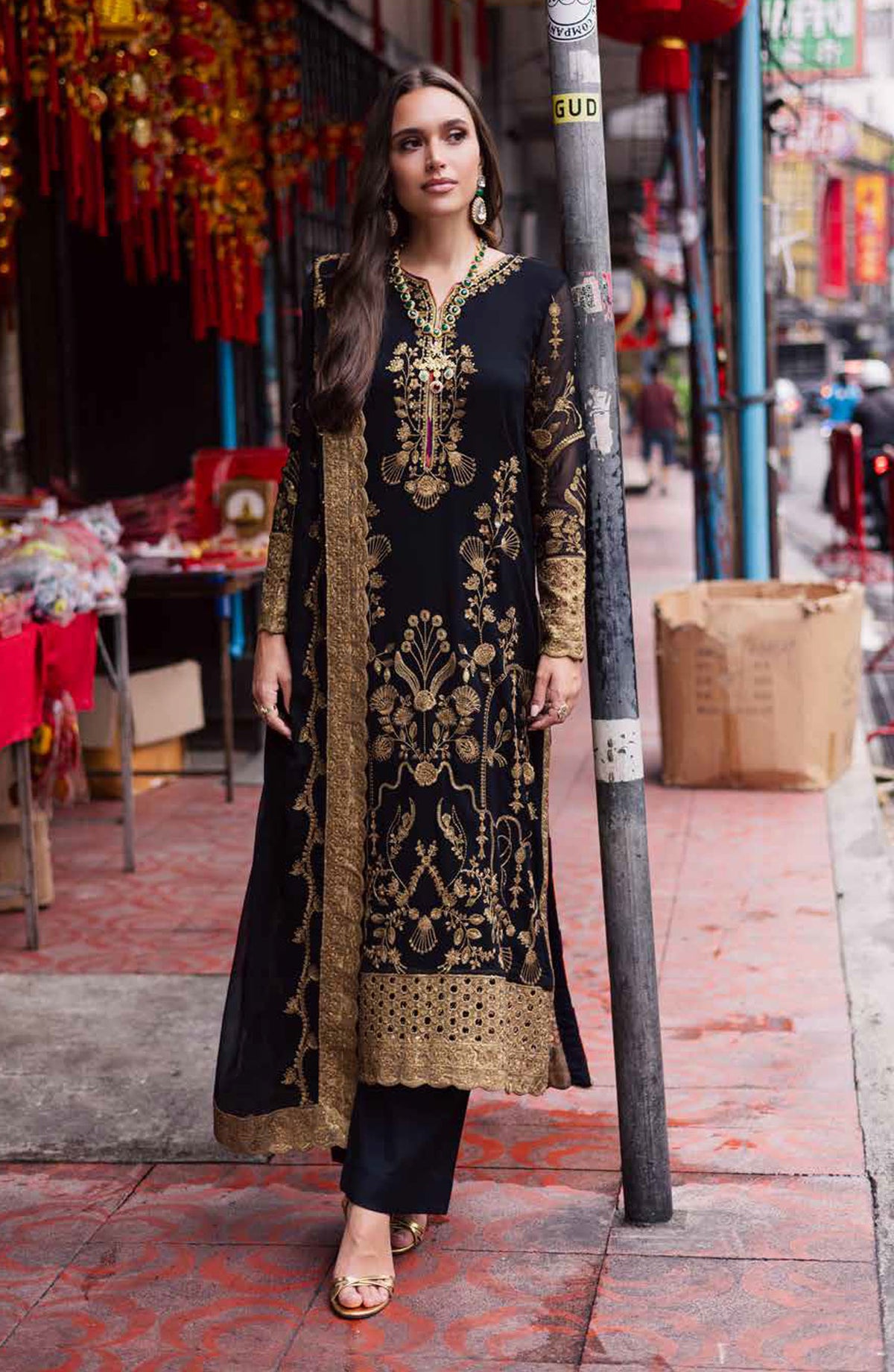 Freesia Talia Luxury Embroidered Chiffon Unstitched 3 Piece Suit - MNM25FRL - FW50062 - Black - Festive Collection
