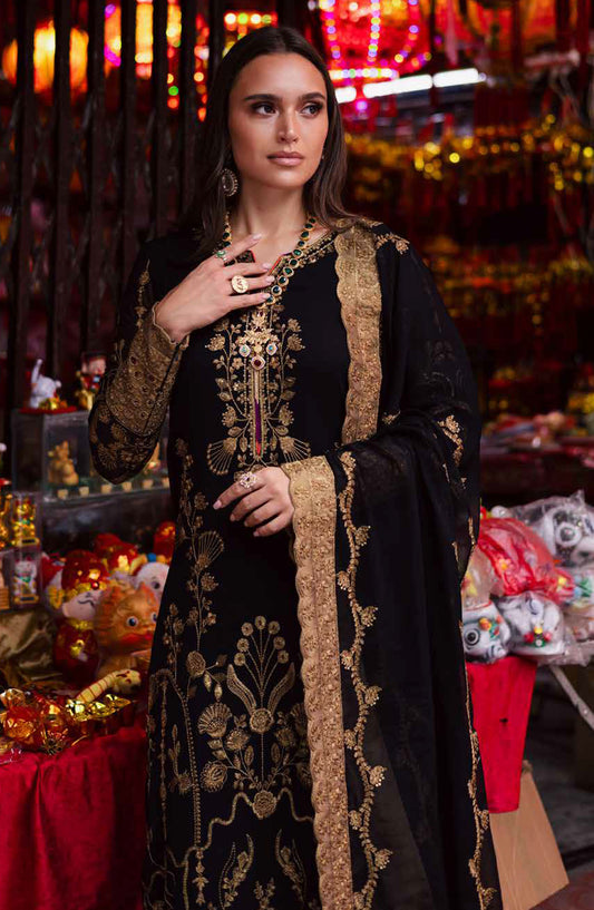 Freesia Talia Luxury Embroidered Chiffon Unstitched 3 Piece Suit - MNM25FRL - FW50062 - Black - Festive Collection