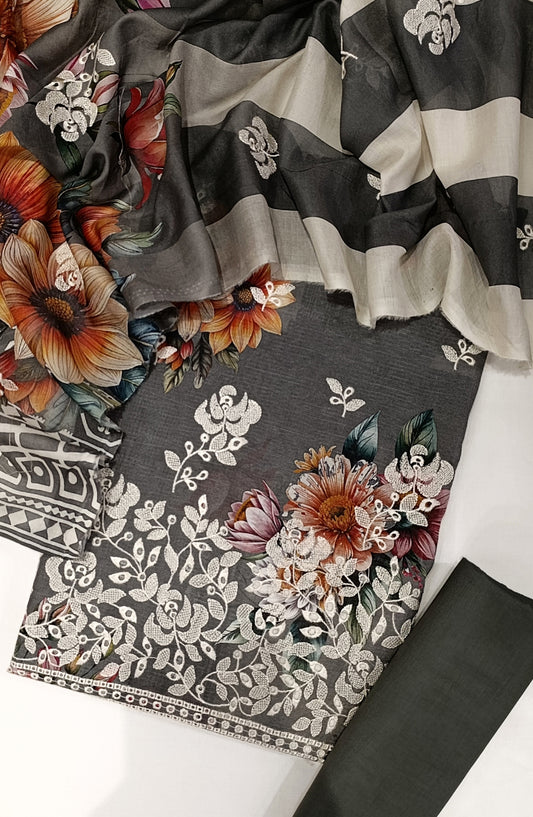 GLOW by Amna Khadija Printed & Embroidered Lawn Unstitched 3 Piece Suit - Design-07 - AM25GLOW - Grey - Luxury Collection