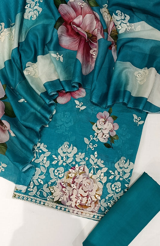 GLOW by Amna Khadija Printed & Embroidered Lawn Unstitched 3 Piece Suit - Design-03 - AM25GLOW - Blue - Luxury Collection