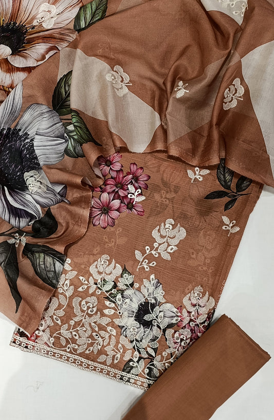 GLOW by Amna Khadija Printed & Embroidered Lawn Unstitched 3 Piece Suit - Design-01 - AM25GLOW - Brown - Luxury Collection