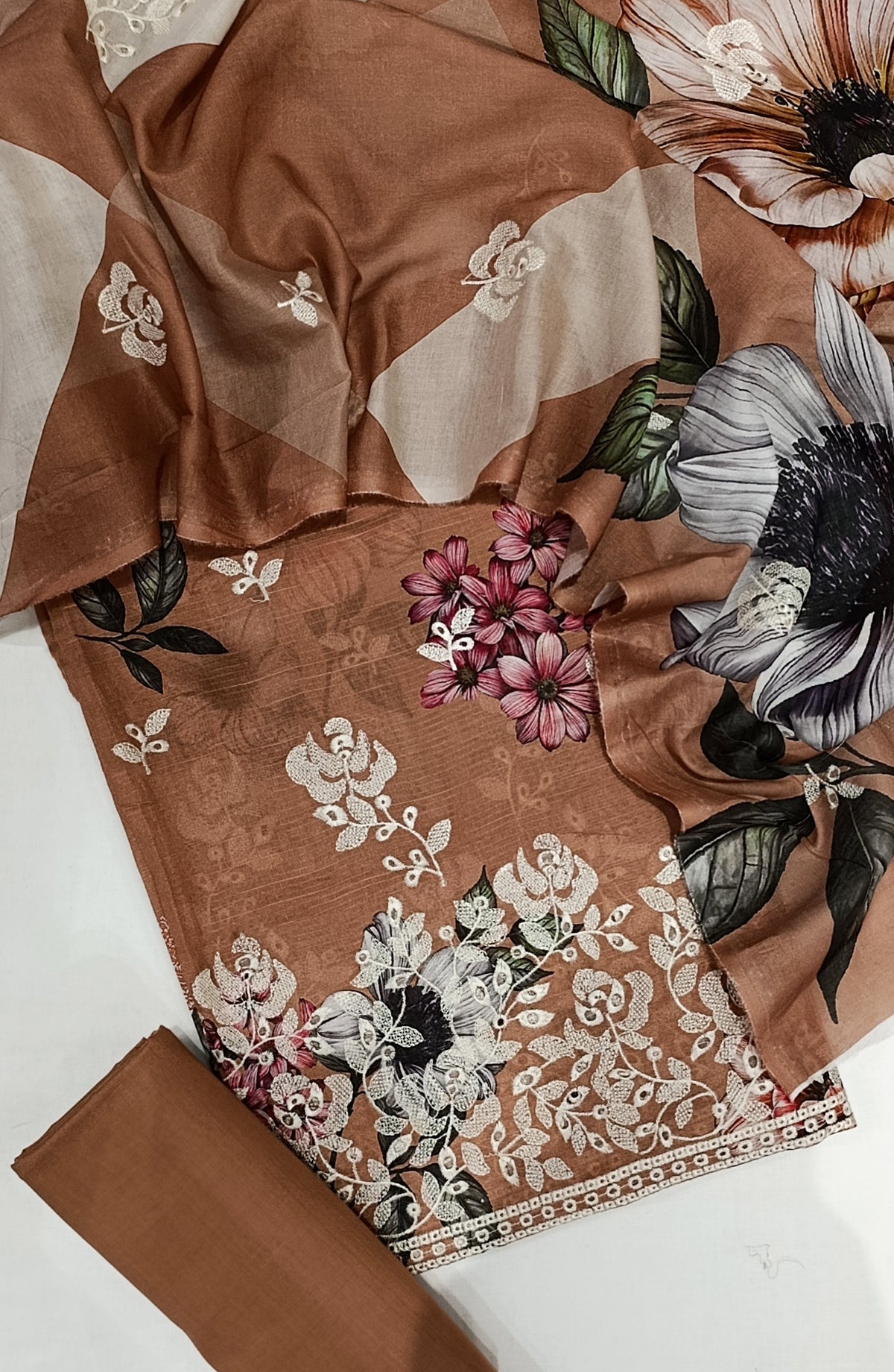 GLOW by Amna Khadija Printed & Embroidered Lawn Unstitched 3 Piece Suit - Design-01 - AM25GLOW - Brown - Luxury Collection