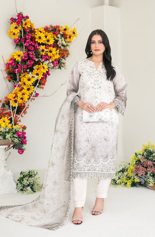 Gulyaz by Tawakkal Fabric Embroidered Organza Stitched 3 Piece Suit - D-1936 - TF25GYZ - Grey - Festive Collection