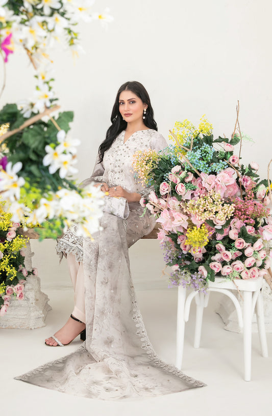 Gulyaz by Tawakkal Fabric Embroidered Organza Stitched 3 Piece Suit - D-1936 - TF25GYZ - Grey - Festive Collection