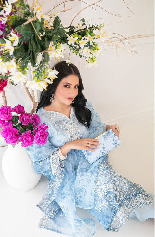 Gulyaz by Tawakkal Fabric Embroidered Organza Stitched 3 Piece Suit - D-1933 - TF25GYZ - Blue - Festive Collection