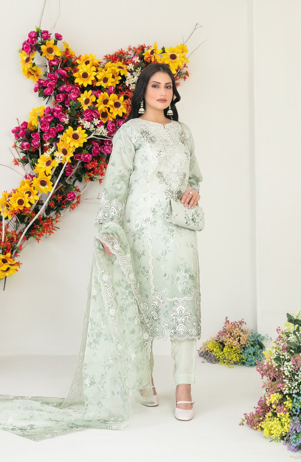 Gulyaz by Tawakkal Fabric Embroidered Organza Stitched 3 Piece Suit - D-1932 - TF25GYZ - Green - Festive Collection