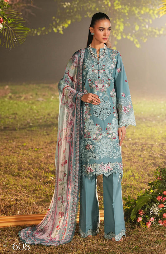 Ghazal by Ramsha Luxury Embroidered Lawn Unstitched 3 Piece Suit - G-608 - RM26GZL - Blue - Summer Collection