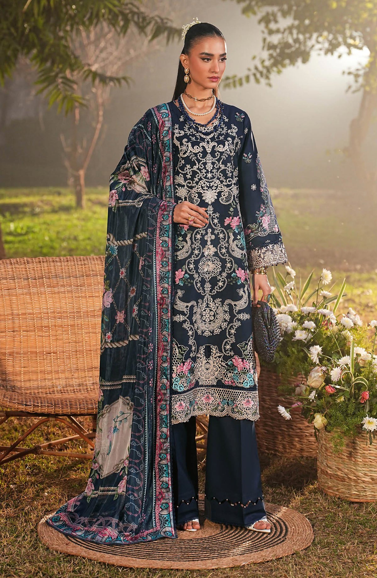 Ghazal by Ramsha Luxury Embroidered Lawn Unstitched 3 Piece Suit - G-606 - RM26GZL - Blue - Summer Collection