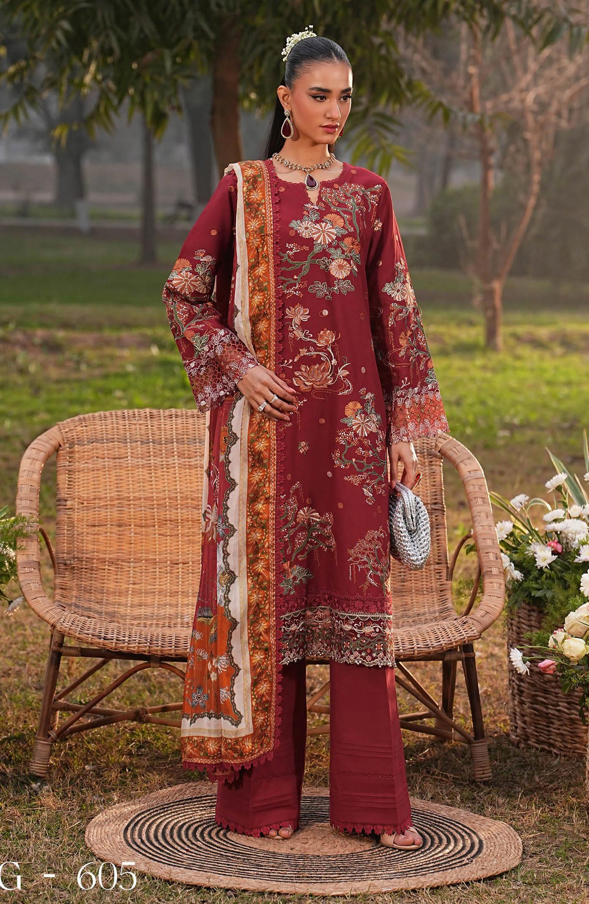 Ghazal by Ramsha Luxury Embroidered Lawn Unstitched 3 Piece Suit - G-605 - RM26GZL - Maroon - Summer Collection