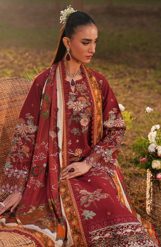 Ghazal by Ramsha Luxury Embroidered Lawn Unstitched 3 Piece Suit - G-605 - RM26GZL - Maroon - Summer Collection