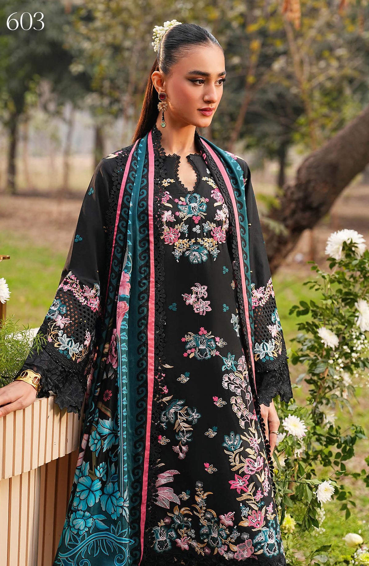 Ghazal by Ramsha Luxury Embroidered Lawn Unstitched 3 Piece Suit - G-603 - RM26GZL - Black - Summer Collection