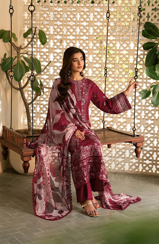 Ghazal by Ramsha Embroidered Lawn Unstitched 3 Piece Suit - G-701 - RM26ZAL - Maroon - Summer Collection