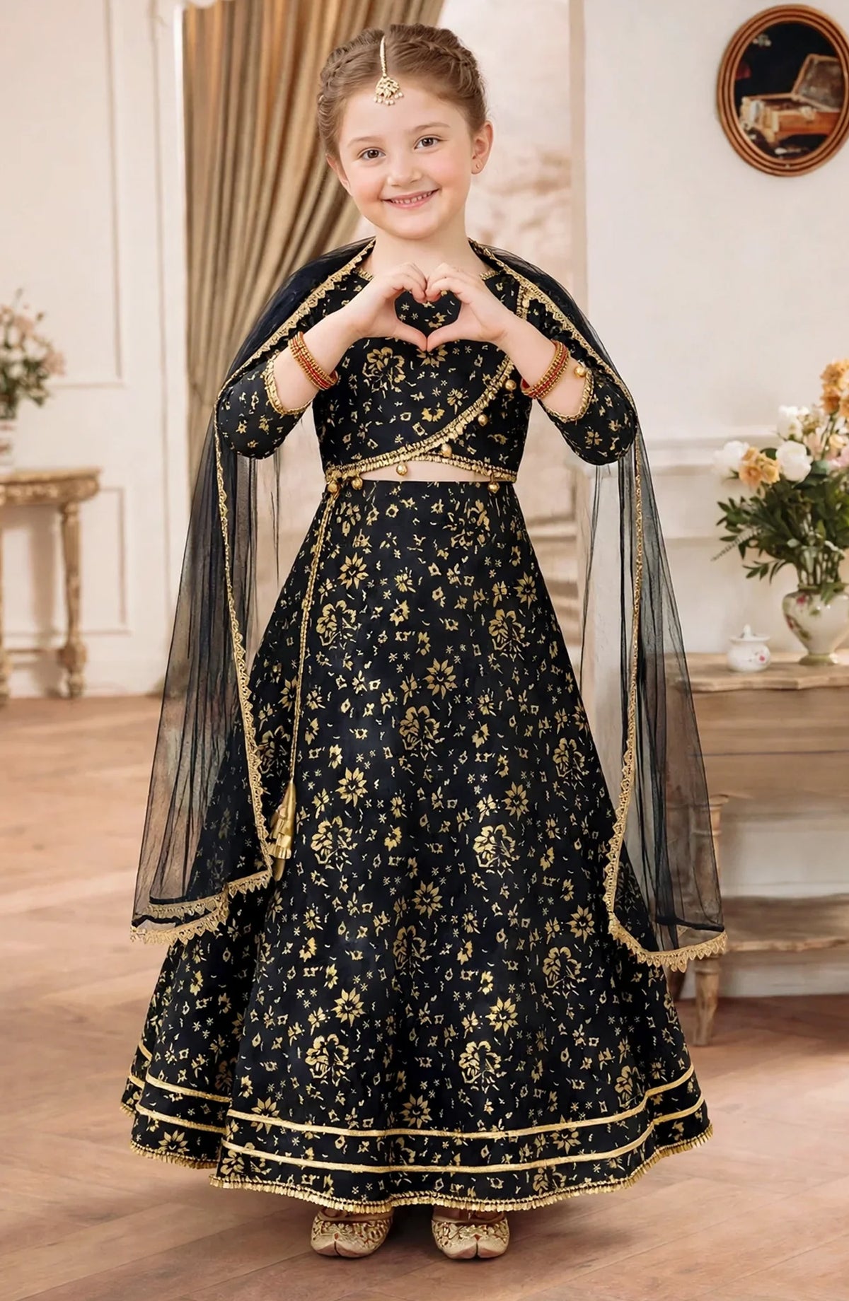 Girls 3 Piece Printed Black Rawsilk Lehenga A031-Blk - Rawsilk - MOD26TWF - Festive Collection
