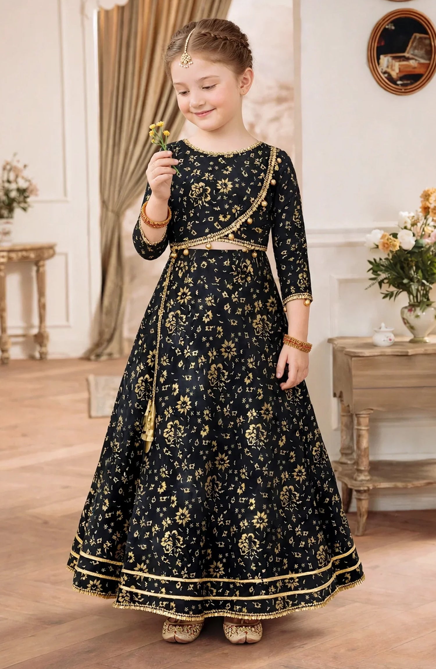 Girls 3 Piece Printed Black Rawsilk Lehenga A031-Blk - Rawsilk - MOD26TWF - Festive Collection
