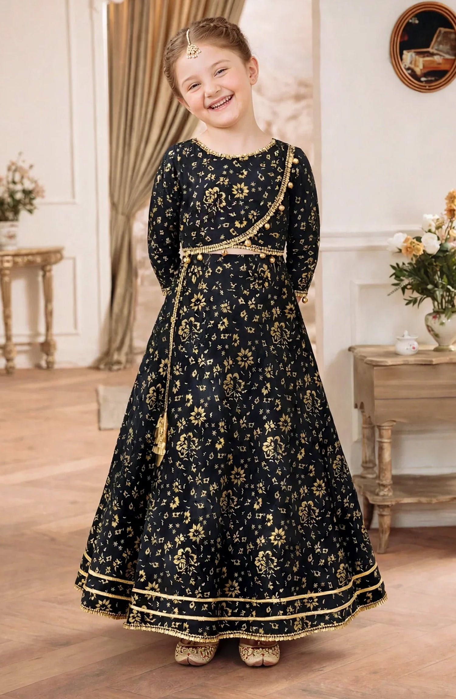 Girls 3 Piece Printed Black Rawsilk Lehenga A031-Blk - Rawsilk - MOD26TWF - Festive Collection
