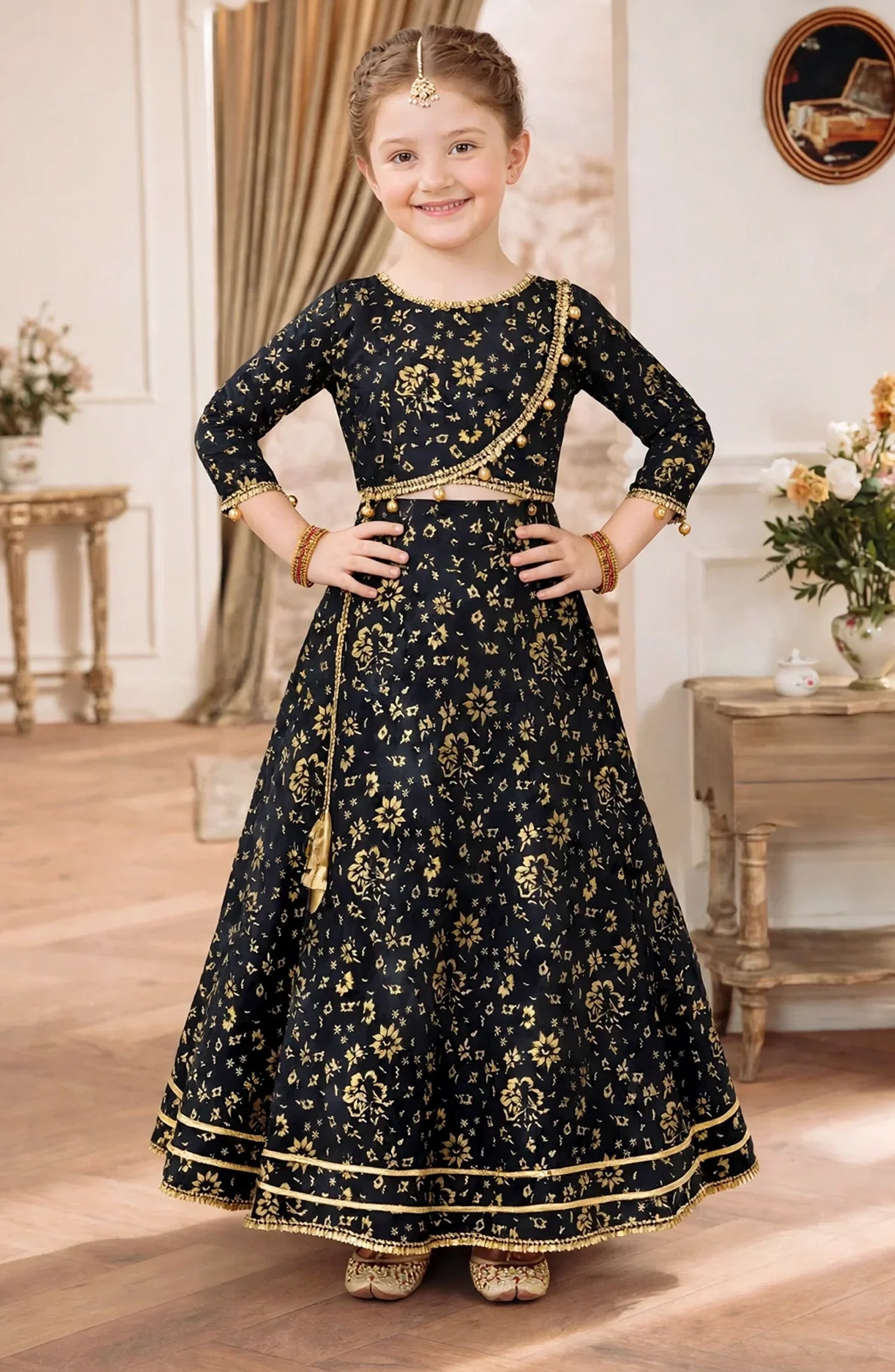 Girls 3 Piece Printed Black Rawsilk Lehenga A031-Blk - Rawsilk - MOD26TWF - Festive Collection
