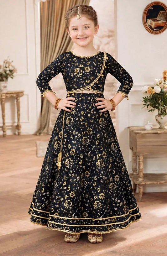 Girls 3 Piece Printed Black Rawsilk Lehenga A031-Blk - Rawsilk - MOD26TWF - Festive Collection
